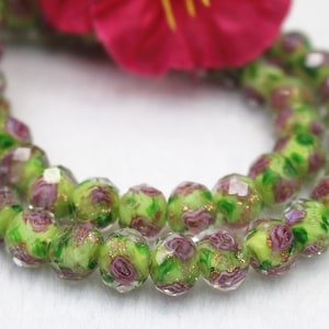 6mm 8mm 10mm Green Floral Faceted Rondelle Beads,Faceted Flower Glass round Beads,Lampwork Glass Flower Beads wholesale
