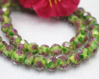 6mm 8mm 10mm Green Floral Faceted Rondelle Beads,Faceted Flower Glass round Beads,Lampwork Glass Flower Beads wholesale