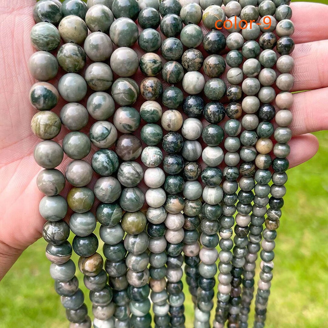 Natural Green Wood Grain Jasper Smooth Round Beads Loose Stone Beads