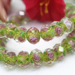 8 mm 10 mm 12 mm grün Floral Facettierte Rondell Perlen, Facettierte Blume Glas runde Perlen, Lampwork Glasblume Perlengroßverkauf