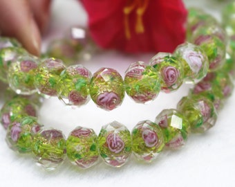 8mm 10mm 12mm green Floral Faceted Rondelle Beads,Faceted Flower Glass round Beads,Lampwork Glass Flower Beads wholesale