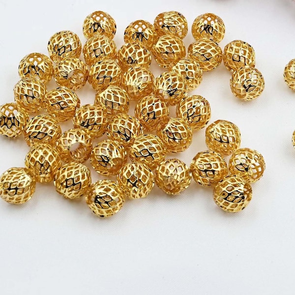 100pcs 18k gold bead Handmade filigree round beads,spacer beads,tiny ball spacer beads for DIY Bracelets Jewelry Findings 4mm 5mm 6mm 10mm