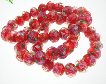 Red Floral Facettierte Rondell Perlen, 10 mm Facettierte Blume Glas runde Perlen, Lampwork Glasblume Perlen großhandel 30 Stück 16Farben