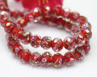 8mm 10mm 12mm Red Floral Faceted Rondelle Beads,Faceted Flower Glass round Beads,Lampwork Glass Flower Beads wholesale