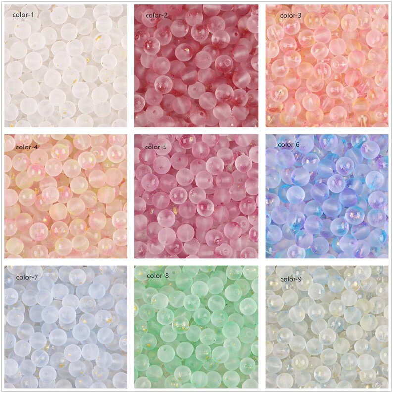 May include: Nine different colors of glass beads with a frosted finish and gold flecks. The beads are round and have a slightly irregular shape.