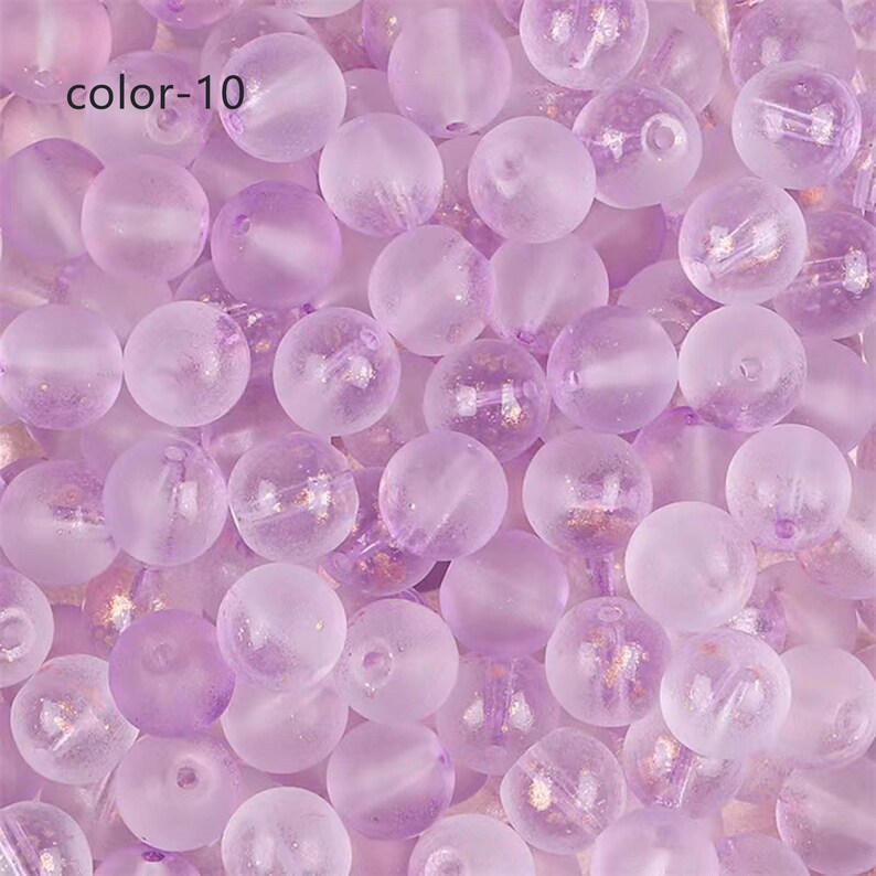 May include: A close-up image of a group of light purple glass beads with a frosted finish. The beads have a subtle shimmer and are scattered randomly.