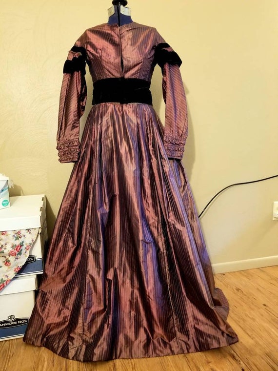 1860s Civil War era victorian purple silk dress