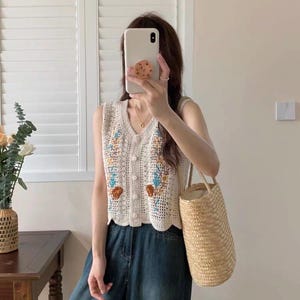 Soft cotton knit vest top french style vintage inspired. Embroidered floral knit cardigan Romantic blouse.