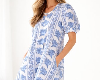 Handblock Print Cotton Dress. White Blue Floral Classic Cottage core mini dress. Nap Dress. Cotton Floral Dress. Natural Fiber Dress