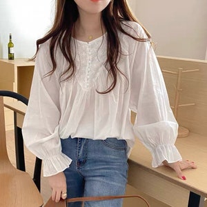Cotton eyelet shirt french style vintage inspired. Victorian style shirt. Bohemian style shirt. Cozy comfortable top. Romantic blouse