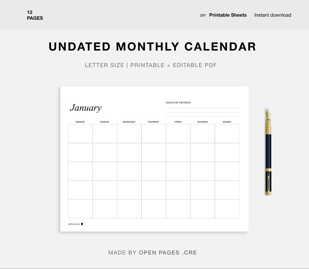 Undated monthly calendar printable landscape minimalist etsy
