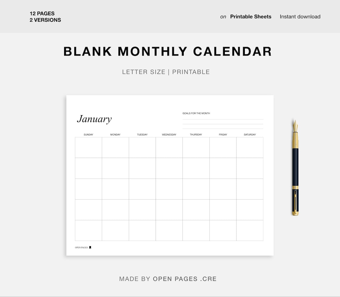 blank-monthly-calendar-printable-landscape-minimalist-etsy-canada