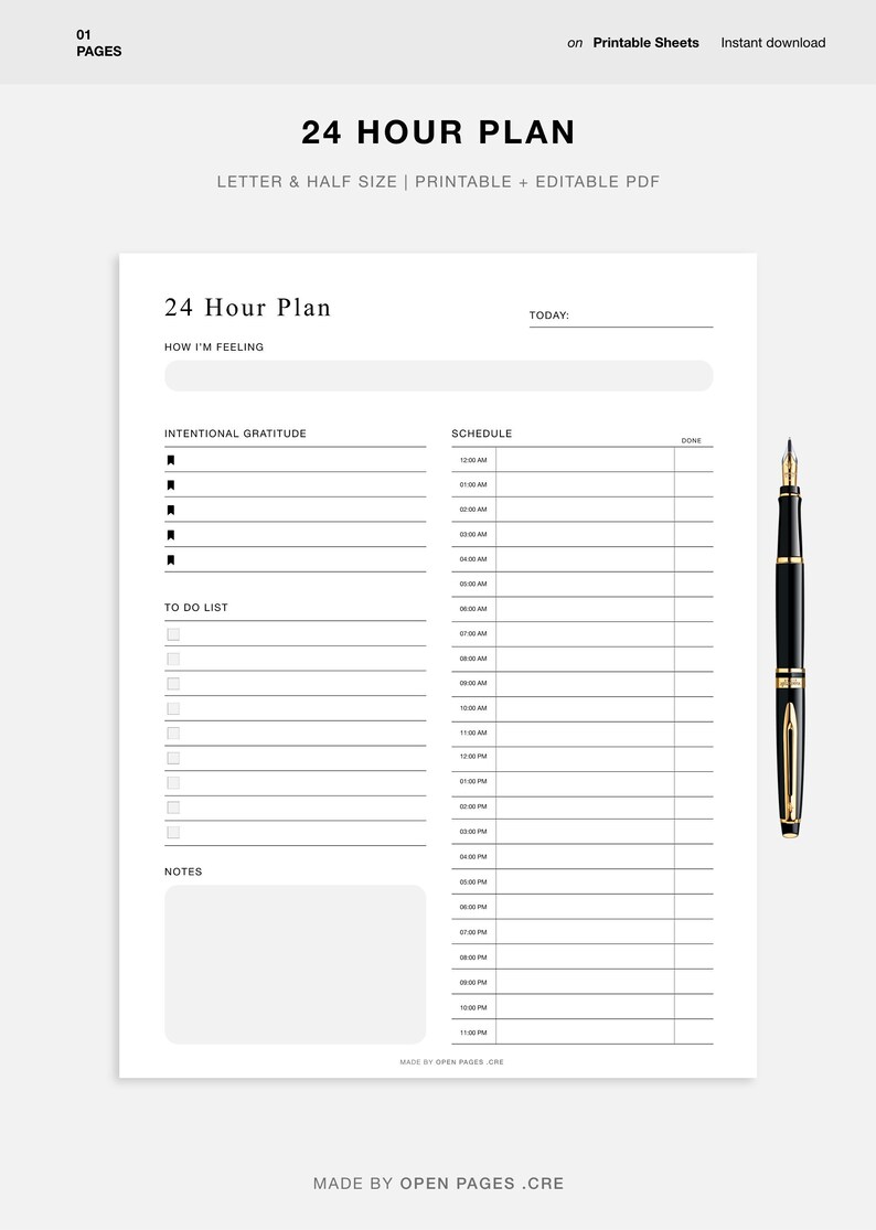 24 Hour Planner Printable Daily to Do List for Work / Etsy