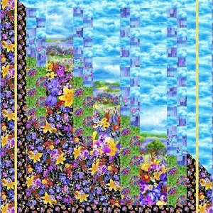 May include: A colourful quilt with a patchwork design featuring a field of flowers, a blue sky with clouds, and a green grassy area. The quilt is framed with a black border and a yellow border.