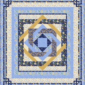 May include: A quilt featuring a blue and gold geometric design. The quilt is composed of squares and triangles, with the pattern repeated across the quilt. The quilt is bordered by a frame of smaller squares.