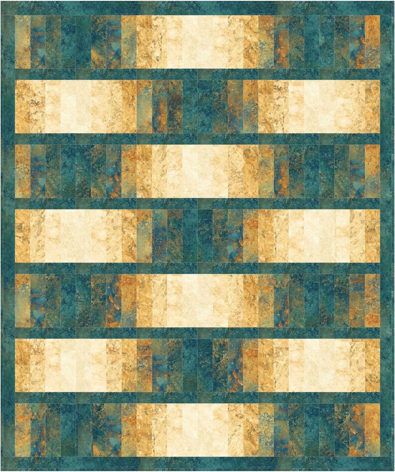 May include: A quilt with a geometric pattern of teal, beige and brown squares. The quilt is made of fabric with a textured, marbled look.