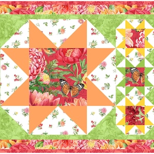 May include: A patchwork quilt block with a large orange star in the center. The star is surrounded by smaller squares of white, green, and orange fabric. The background fabric is a floral print with red, white, and green flowers. The quilt block is framed by a border of red, orange, and green fabric.