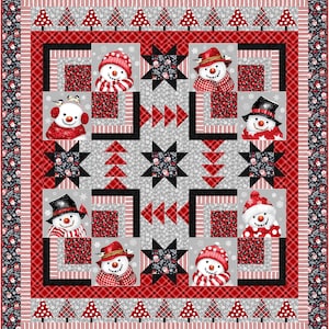 Peut inclure: Une courtepointe en patchwork rouge, noir et blanc sur le thème du bonhomme de neige. La courtepointe présente un carré central avec un motif d'étoile et huit carrés plus petits avec des bonhommes de neige portant des chapeaux et des écharpes. La courtepointe est entourée d'une bordure de rayures rouges et blanches.