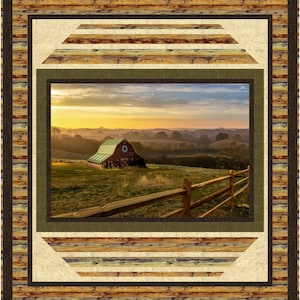 May include: A quilt depicting a rural scene with a red barn and a wooden fence set against a sunrise. The quilt is framed by wood-effect patterns and geometric designs, offering a rustic charm.
