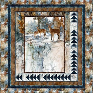 May include: A watercolor painting of a snowy forest scene with three deer. The deer are standing on a rocky cliff overlooking a snowy valley. The painting is framed with a blue and brown border.