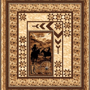 May include: A brown and tan quilt with a western theme. The center of the quilt features a scene of two cowboys riding horses in a desert landscape. The quilt is surrounded by a border of brown and tan geometric shapes.