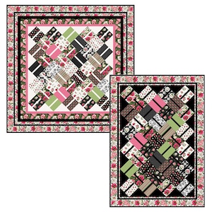 Peut inclure: Deux motifs de courtepointe avec un fond noir et blanc et un tissu floral rose, vert et blanc. Les motifs sont tous les deux en forme de diamant avec une bordure en tissu floral rose et blanc.