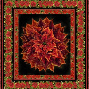 May include: A decorative textile featuring a central poinsettia design in shades of red and gold against a black background. The poinsettia is surrounded by a border of red flowers and green foliage, set against a black and red frame.