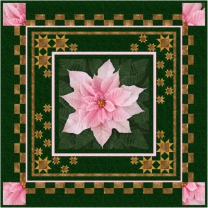 Puede incluir: Una flor de poinsettia rosa con hojas verdes está enmarcada por un borde dorado y blanco sobre un fondo verde.