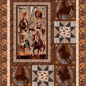 May include: A western-themed quilt featuring a central panel with cowboy imagery, including a rider on horseback, a longhorn skull, and cowboy boots. The quilt incorporates horseshoe and star motifs, with a brown and tan color palette.