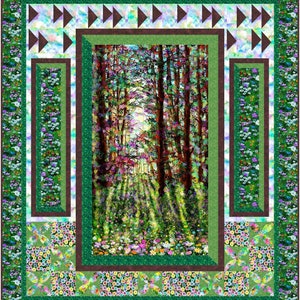 May include: A green and brown quilt with a floral pattern and a central image of a forest path. The forest path is surrounded by a green border with a brown inner border. The quilt is made up of various floral patterns and colours.