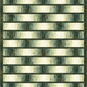 May include: A geometric pattern quilt with alternating rows of white and green squares. The squares are made up of smaller squares in shades of green and blue.