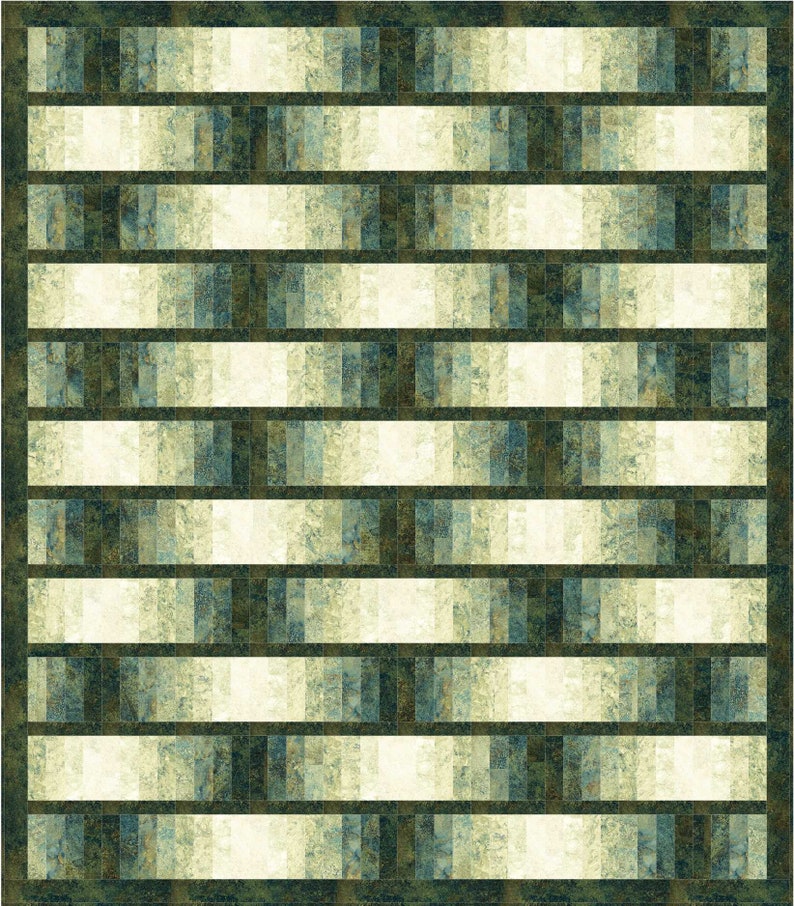 May include: A geometric pattern quilt with alternating rows of white and green squares. The squares are made up of smaller squares in shades of green and blue.