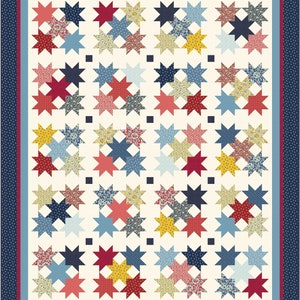 May include: A quilt pattern with a white background and a repeating pattern of stars in red, blue, yellow, and pink. The stars are made of different fabrics with floral patterns.