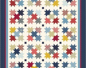 May include: A quilt pattern with a white background and a repeating pattern of stars in red, blue, yellow, and pink. The stars are made of different fabrics with floral patterns.