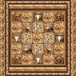 May include: A brown and tan quilt with a western theme. The quilt is made up of squares with different western images, including saddles, cowboy hats, and skulls. The quilt is surrounded by a brown border.