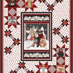 May include: A winter-themed quilt featuring a central panel with cartoon animals in a snowy scene. The quilt has a red and black border, with star and plaid accents. The background is white with red floral patterns.