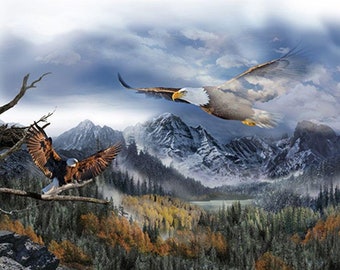 May include: Two bald eagles soaring over a snowy mountain range with a forest in the foreground. The eagle in the sky is flying with its wings spread wide, while the eagle on the branch is perched with its wings partially spread.