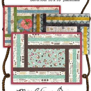 May include: A set of four placemats, each measuring 33 x 46 cm, with patchwork designs. The placemats feature floral, ice cream, and geometric patterns. The text "Drive Thru" and "Miss Winnie Designs" are also visible.