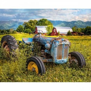 Farm Quilt Panel, Digitaldruck, David Textiles, Scheune mit vintage blauem Traktor