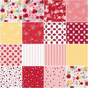 Könnte beinhalten: Ein Raster von sechzehn Stoffmustern mit verschiedenen Blumen-, Marienkäfer- und Streifenmustern. Die Farben umfassen Rot, Rosa, Gelb und Weiß. Einige Muster zeigen Blumen, Marienkäfer und Punkte.