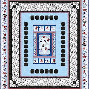 May include: A rectangular quilt with a hockey theme. The quilt features a light blue center with a hockey rink design, surrounded by black squares and borders with hockey player and skate patterns. The outer border is a mix of red, white, and black.