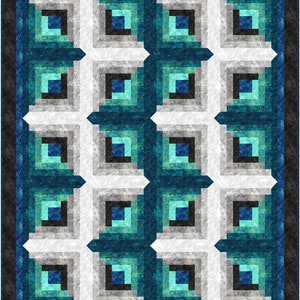 May include: A quilt pattern featuring a repeating design of squares within squares. The squares are in shades of blue, teal, and grey. The quilt is framed with a dark blue border.