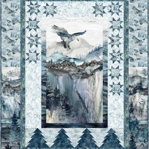 May include: A watercolour painting of a majestic eagle soaring over a mountain range. The painting is framed with a blue and white star pattern border. The background is a light blue with a white marble effect.