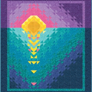 May include: A quilt with a geometric design featuring a yellow sun setting over a blue ocean. The quilt is made up of triangles in shades of purple, pink, blue, and yellow.