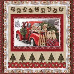 May include: A red vintage pickup truck with a Christmas wreath on the front bumper is filled with golden retriever puppies. The truck is parked in a snowy winter scene with a Christmas tree in the background.