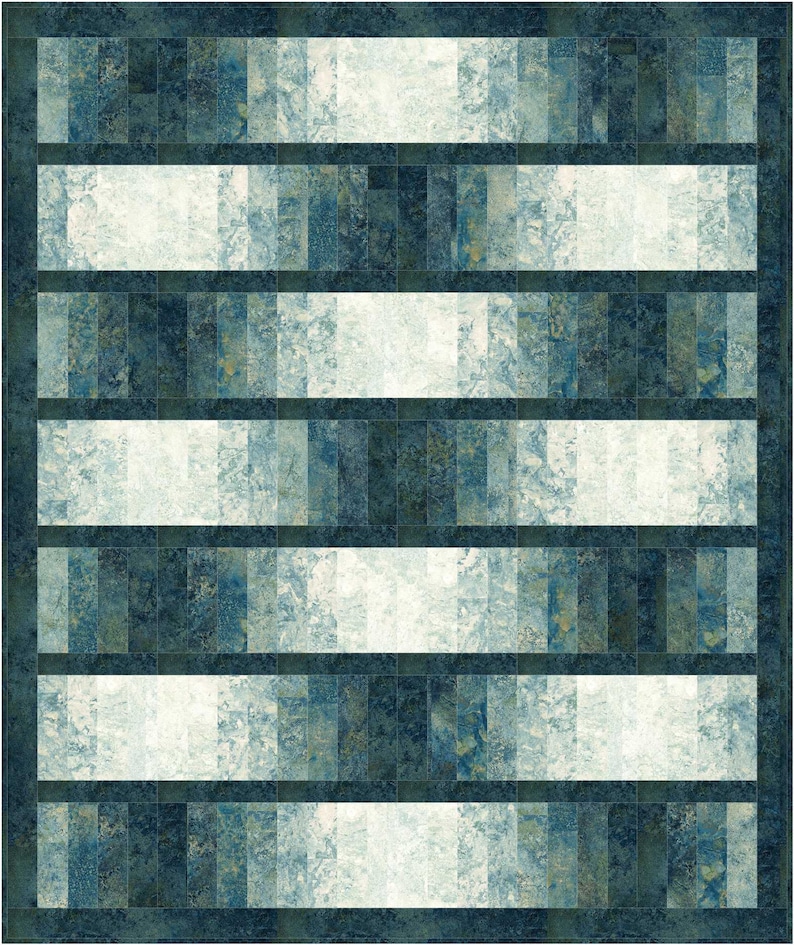 May include: A quilt pattern with alternating rows of white and blue squares. The blue squares are a gradient of shades of blue and green.