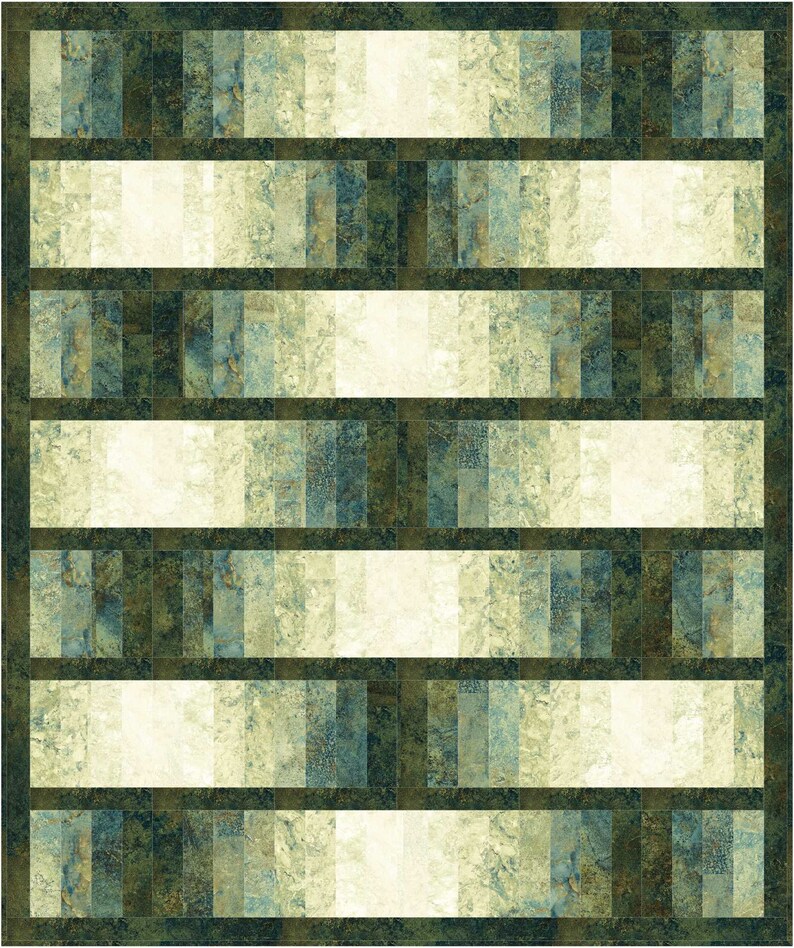 May include: A quilt with a geometric pattern of green, blue, and white squares. The quilt is made of fabric with a textured, marbled look.