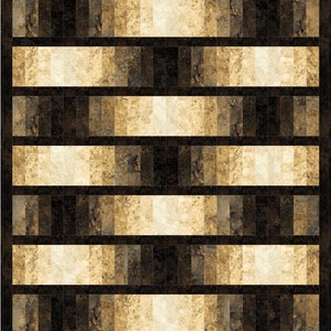 May include: A geometric pattern quilt with alternating bands of black and beige. The beige bands are made up of smaller rectangles in shades of brown and beige.
