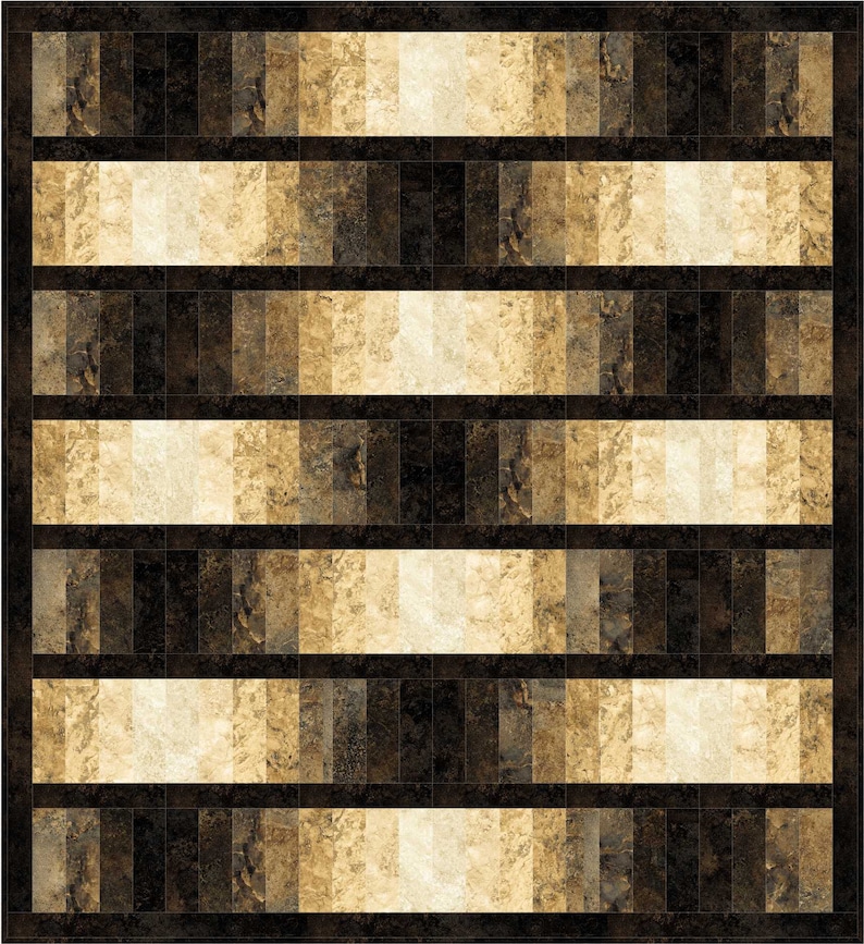May include: A geometric pattern quilt with alternating bands of black and beige. The beige bands are made up of smaller rectangles in shades of brown and beige.