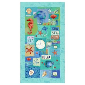 May include: A colourful collage of beach-themed illustrations, including a starfish, a seahorse, a crab, a seashell, and a sand dollar. The text "Sun Sea Surf" and "Relax" are also included in the collage.